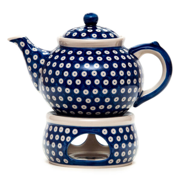 Bunzlauer Keramik Keramik Tee-/Kaffeekanne mit Stövchen 1,5L Dekor T-01 Handarbeit