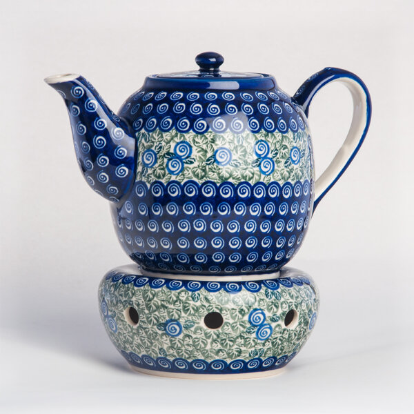 Bunzlauer Keramik Teekanne mit Sieb und Stövchen 1.5 L Dekor A-1073A Handarbeit