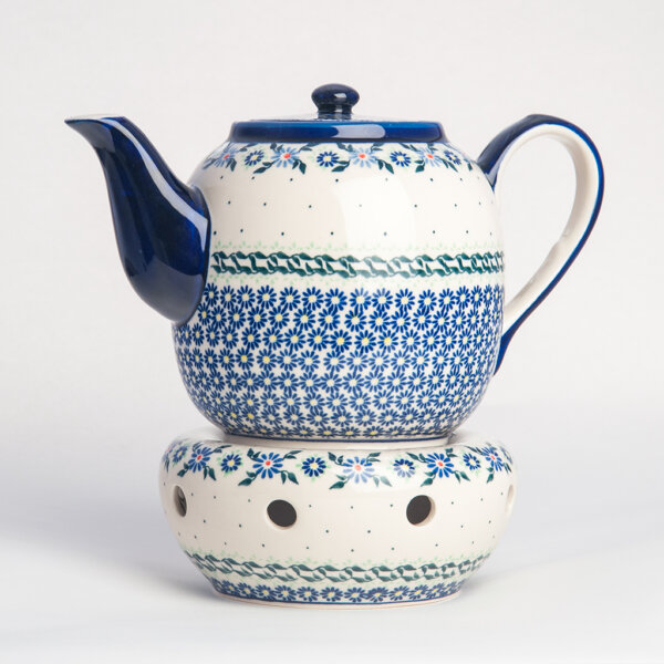 Bunzlauer Keramik Teekanne mit Sieb und Stövchen 1.5 L Dekor A-1163A Handarbeit