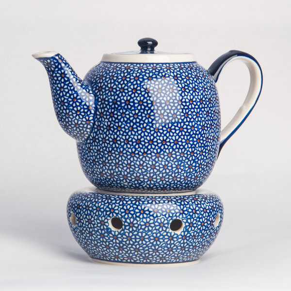 Bunzlauer Keramik Teekanne mit Sieb und Stövchen 1.5 L Dekor D-120 Handarbeit