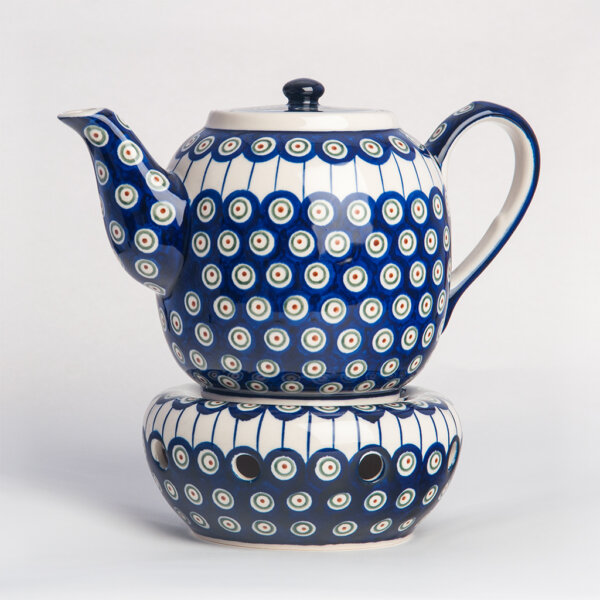 Bunzlauer Keramik Teekanne mit Sieb und Stövchen 1.5 L Dekor D-8 Handarbeit
