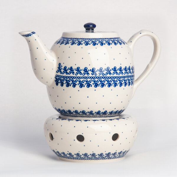 Bunzlauer Keramik Teekanne mit Sieb und Stövchen 1.5 L Dekor D-866 Handarbeit
