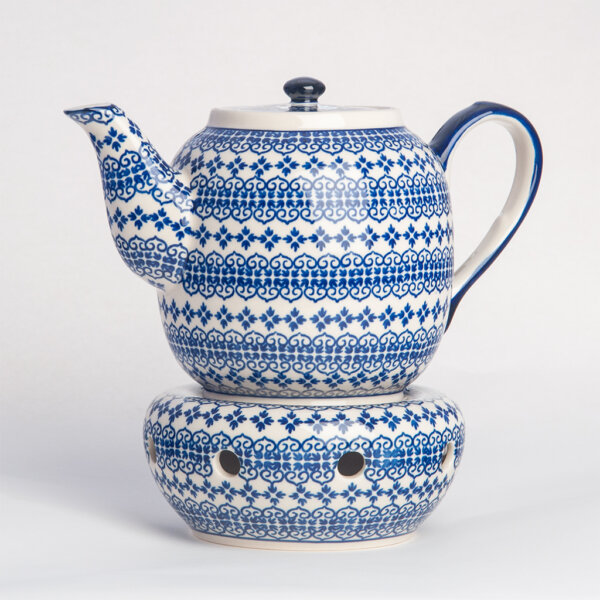 Bunzlauer Keramik Teekanne mit Sieb und Stövchen 1.5 L Dekor D-922 Handarbeit