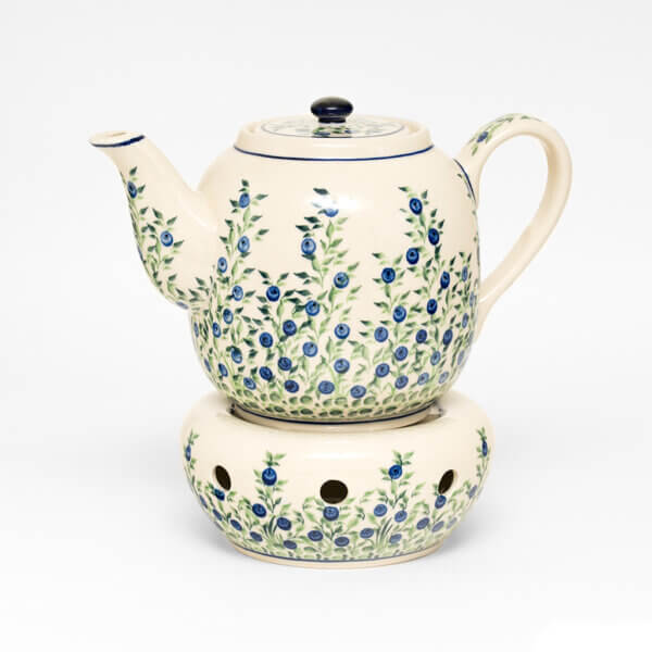 Bunzlauer Keramik Teekanne mit Sieb und Stövchen 1.5 L Dekor D-1208 Handarbeit