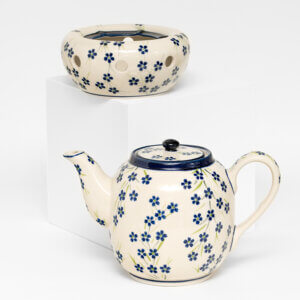 Bunzlauer Keramik Teekanne mit Sieb und Stövchen 1.5 L Dekor D-1244