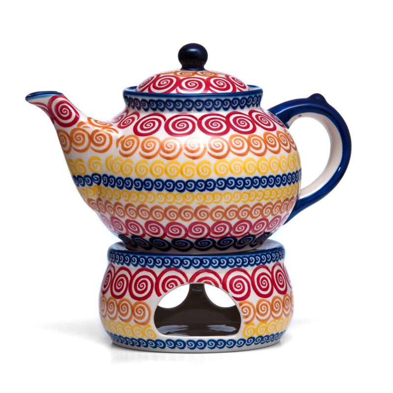 Bunzlauer Keramik Kanne mit Stövchen 1.3 Liter Dekor CMZK Unikat Modern Handarbeit||Polish Pottery Pattern CMZK Unique Modern